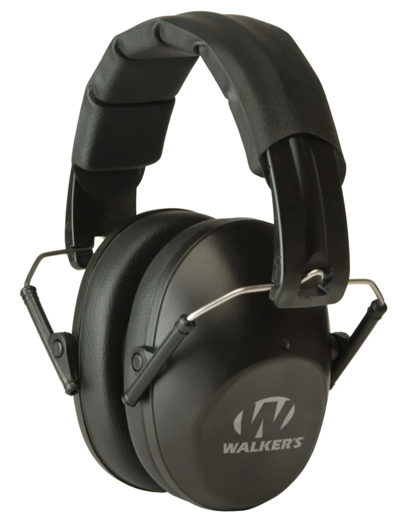 Walker's Pro Low Profile Folding Passive Earmuffs in black with padded headband and compact folding cups