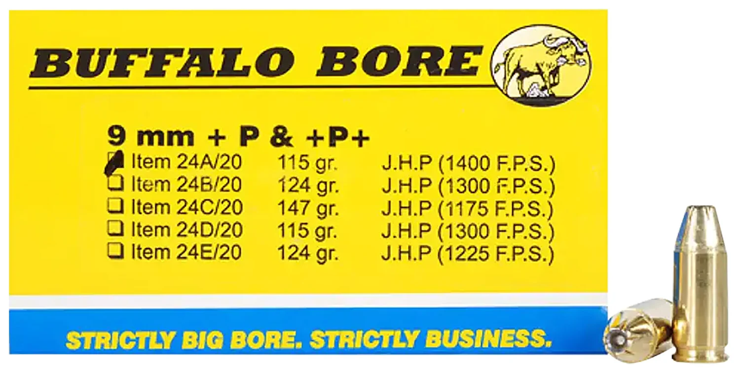 Buffalo Bore 24A20 9mm Luger +P+ 115 gr JHP box — 20 rounds