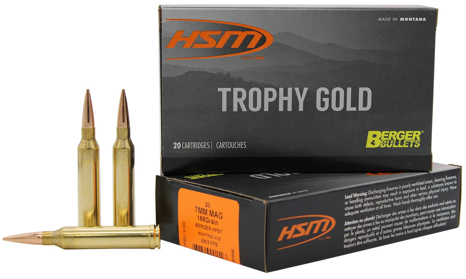 HSM Trophy Gold 7mm Remington Magnum 168gr Berger VLD box (20 rounds)