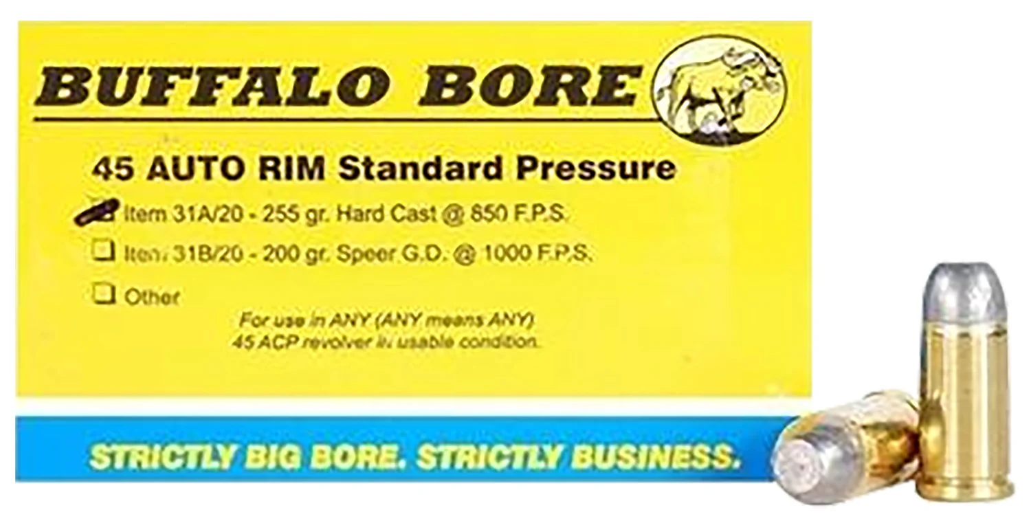 Buffalo Bore Strictly Business 255gr Hard Cast Flat Nose 45 Auto Rim ammunition box