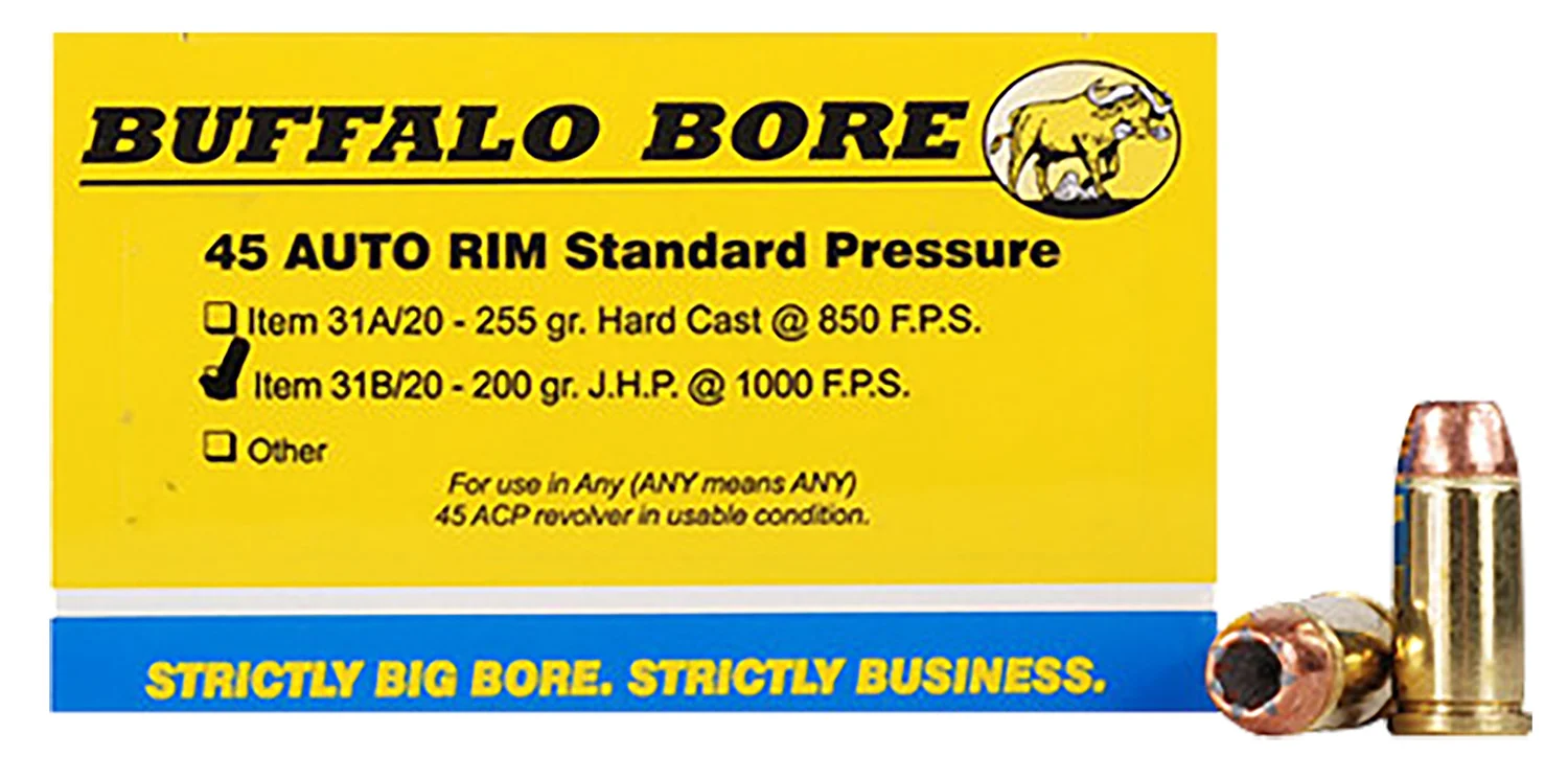 Buffalo Bore 31B20 45 Auto Rim 200gr JHP ammunition box
