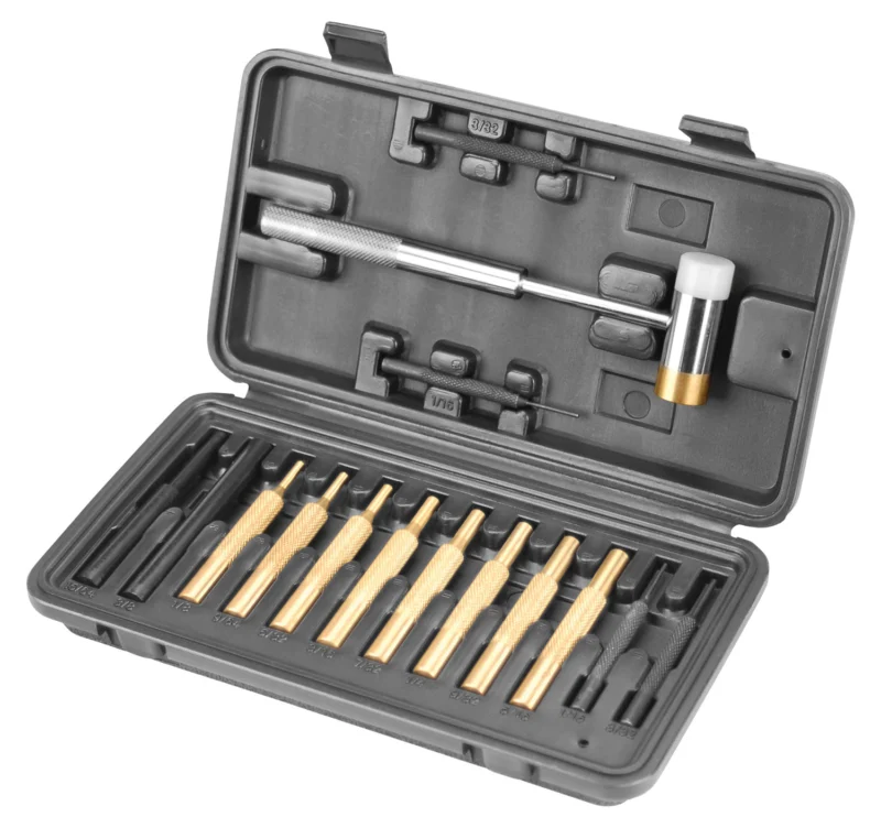 Wheeler 15-piece hammer and punch set with molded carrying case and polymer/brass hammer
