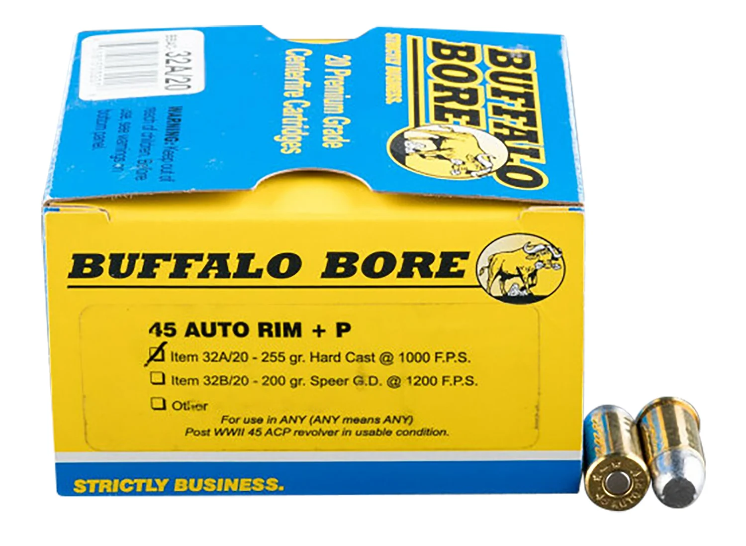 Buffalo Bore Ammunition Strictly Business 45 Auto Rim +P 255 gr Hard Cast Flat Nose 20-round box