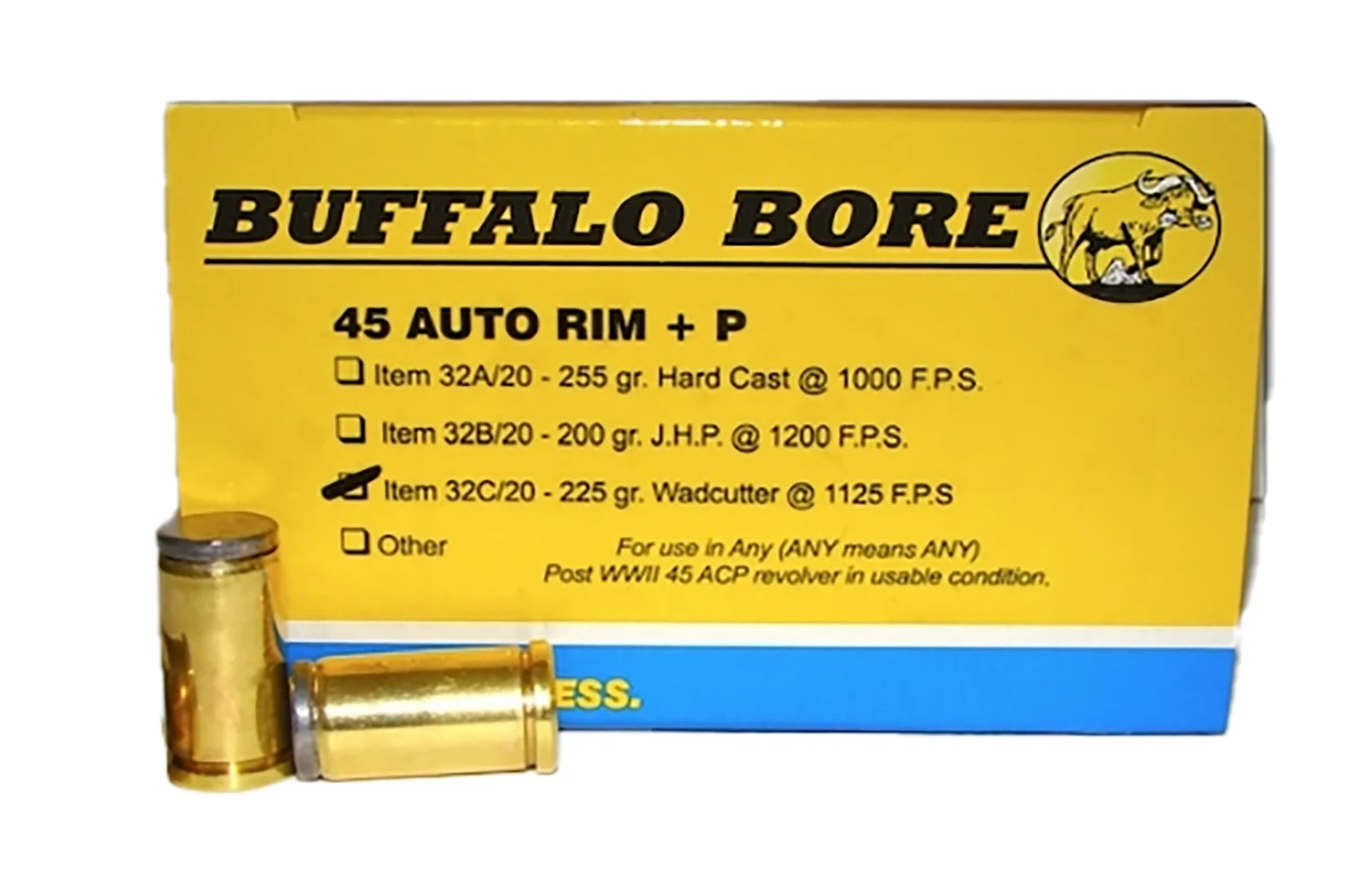 Box of Buffalo Bore 45 Auto Rim +P 225 gr Wadcutter ammunition, 20 rounds