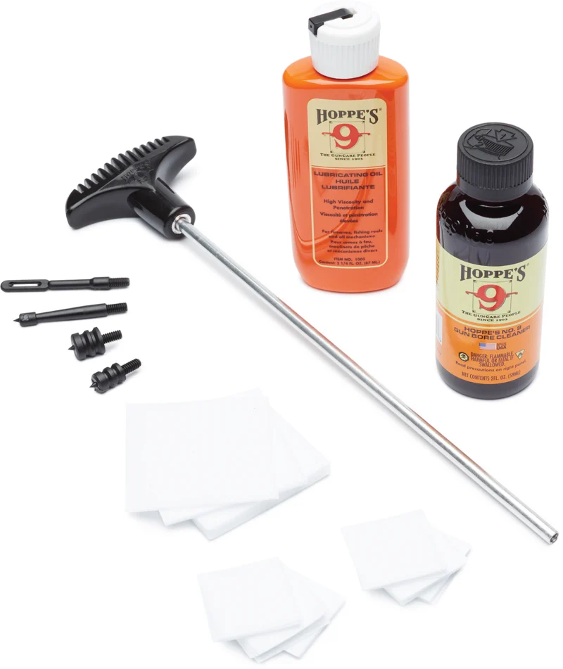 Hoppe's PCO38 pistol cleaning kit with storage box, cleaning rod, patches, brush, and solvents