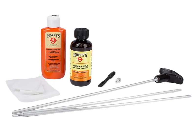 Hoppes 12 Gauge box cleaning kit with aluminum rod, bronze brush, patches and storage box