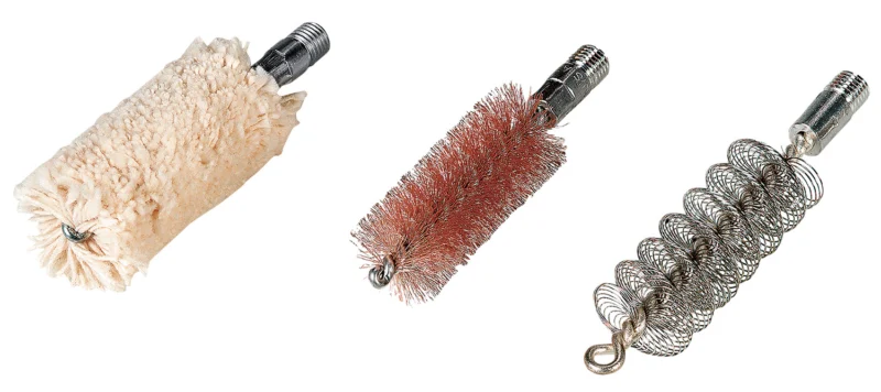 Hoppes 3-Pack .22 caliber brush and swab kit showing bronze brush, tornado brush, and cotton mop