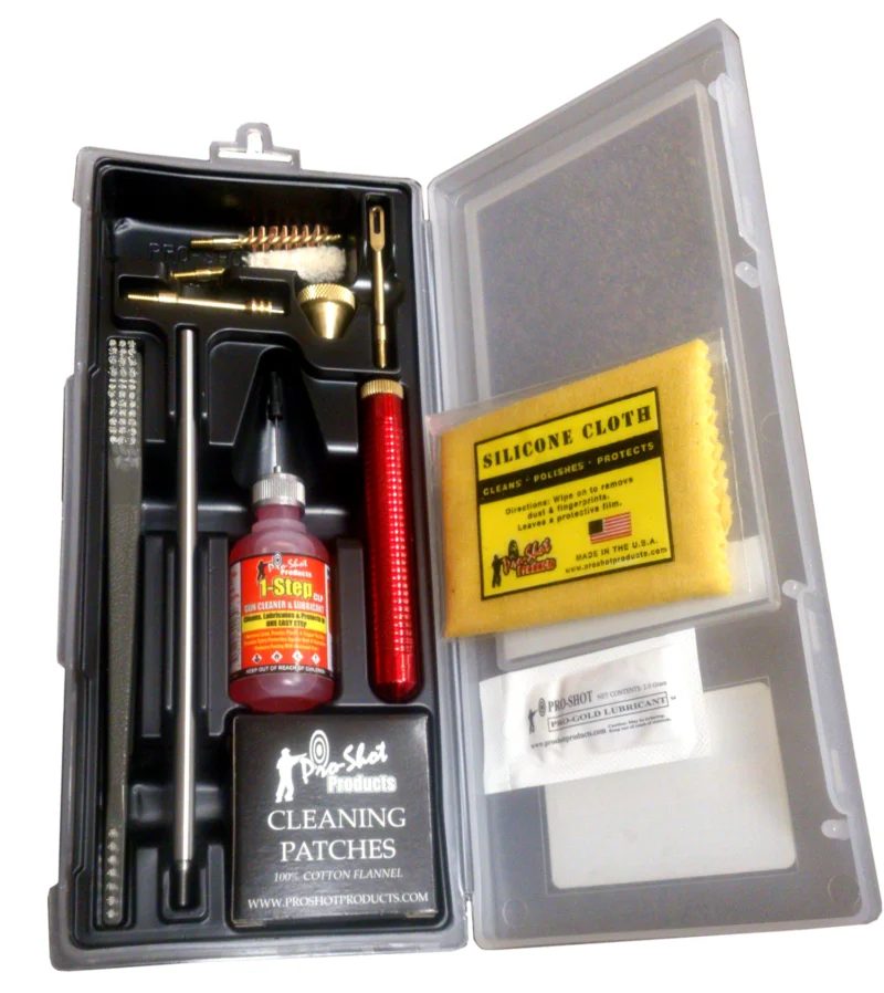 Pro-Shot Premium Classic pistol cleaning kit components in yellow plastic case