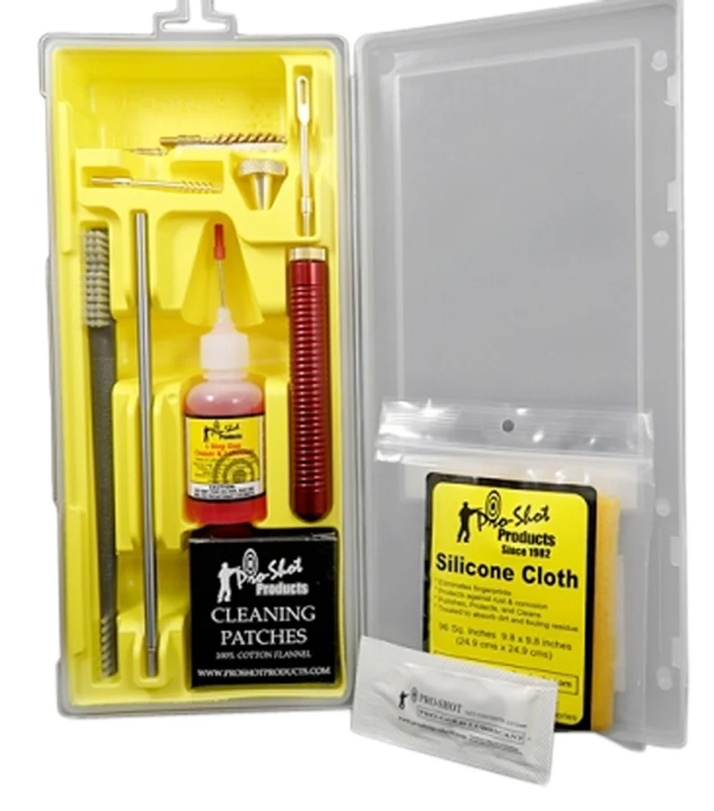 Pro-Shot P22KIT .22 caliber pistol cleaning kit with yellow plastic case and cleaning tools