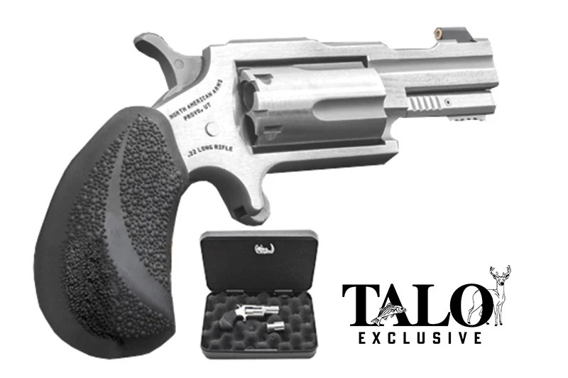Mini-Rev Bug Out II .22 Magnum stainless revolver with black rubber grip and XS front sight