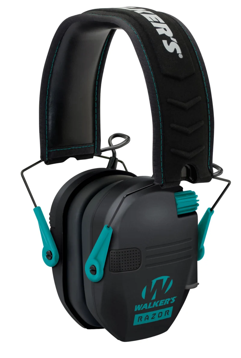 Walker's Razor Slim electronic earmuff black with teal accents, NRR 23 dB