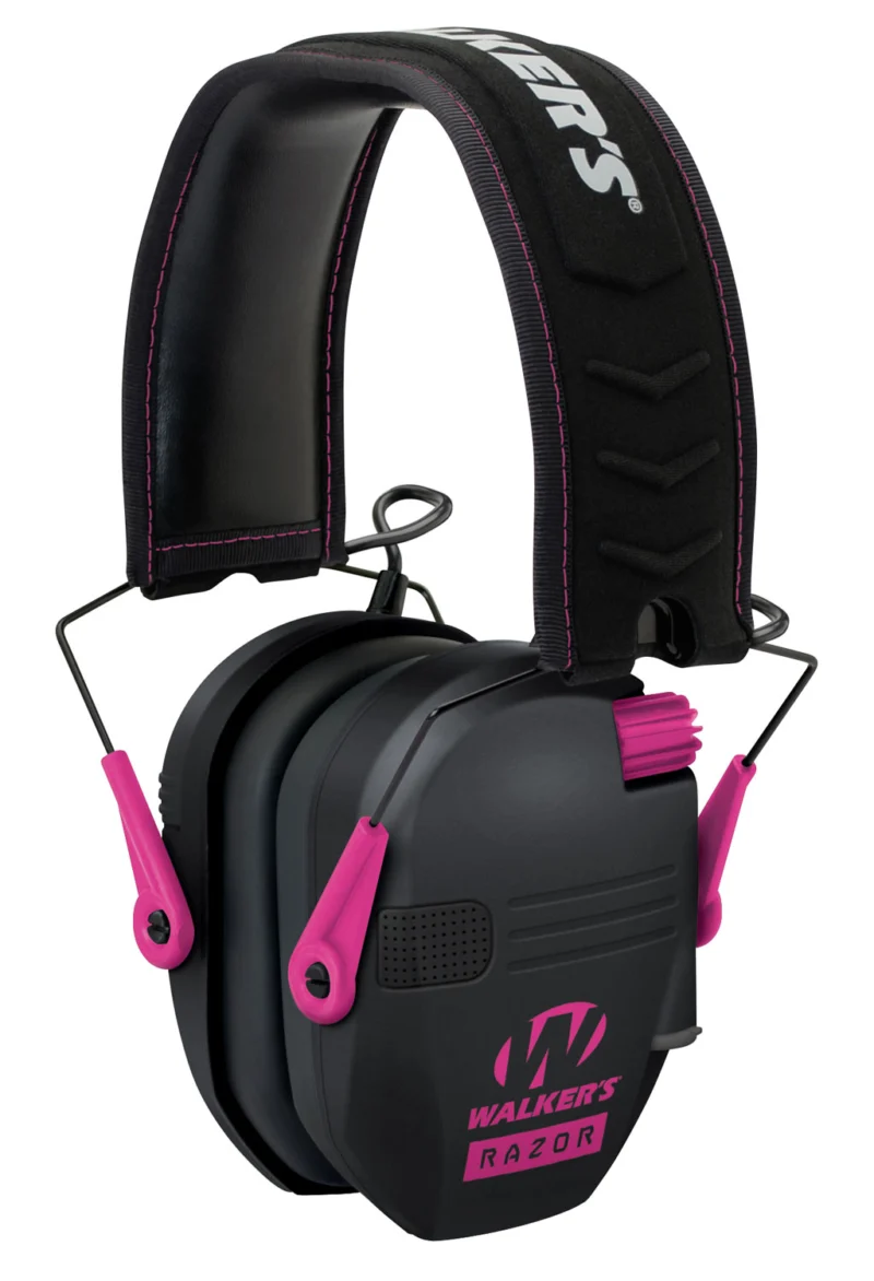 Walker's Razor Slim electronic earmuffs black with pink accents, folding over-the-head design
