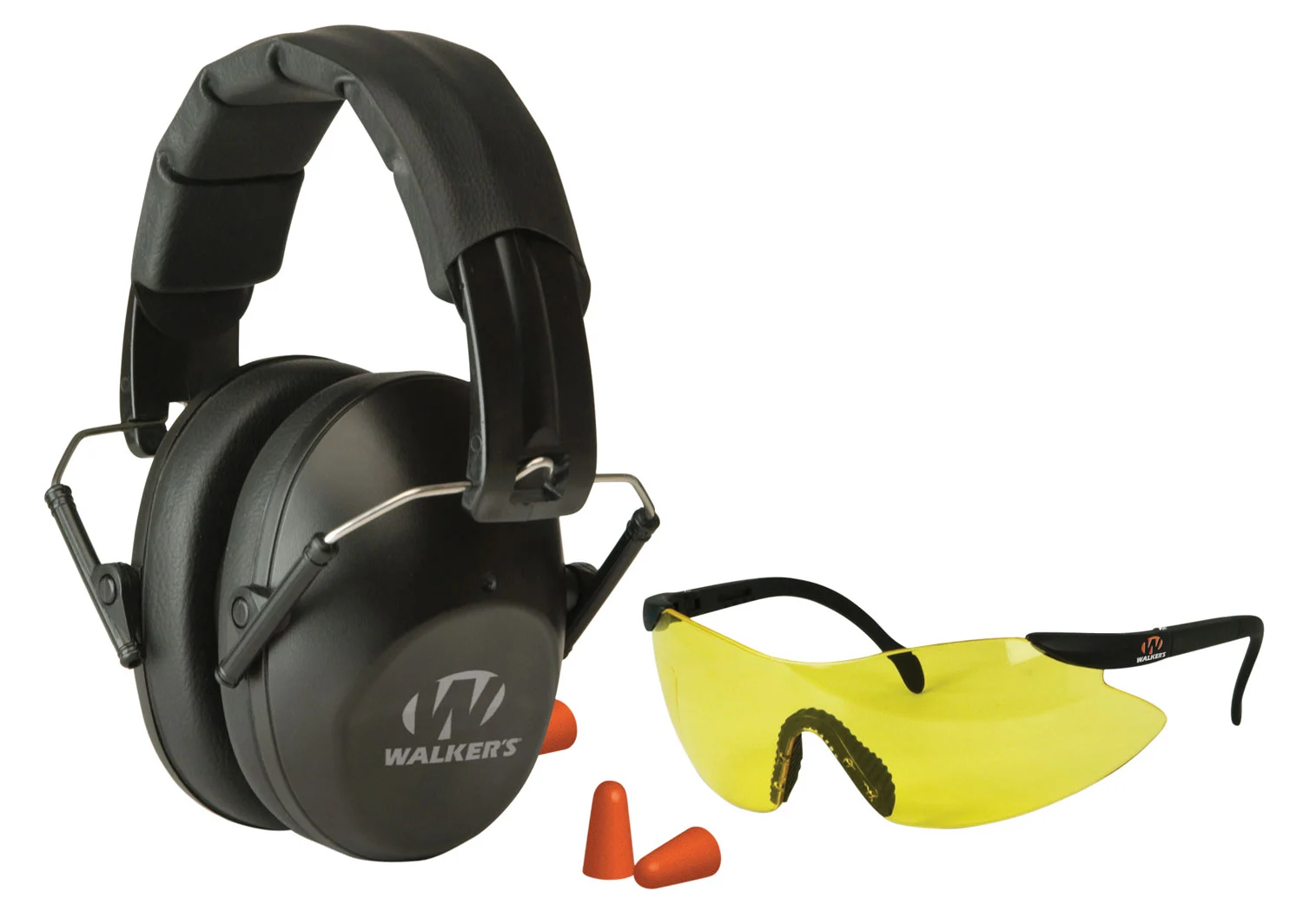 Walkers Pro Safety Combo Kit folding low-profile earmuffs, yellow safety glasses, foam earplugs
