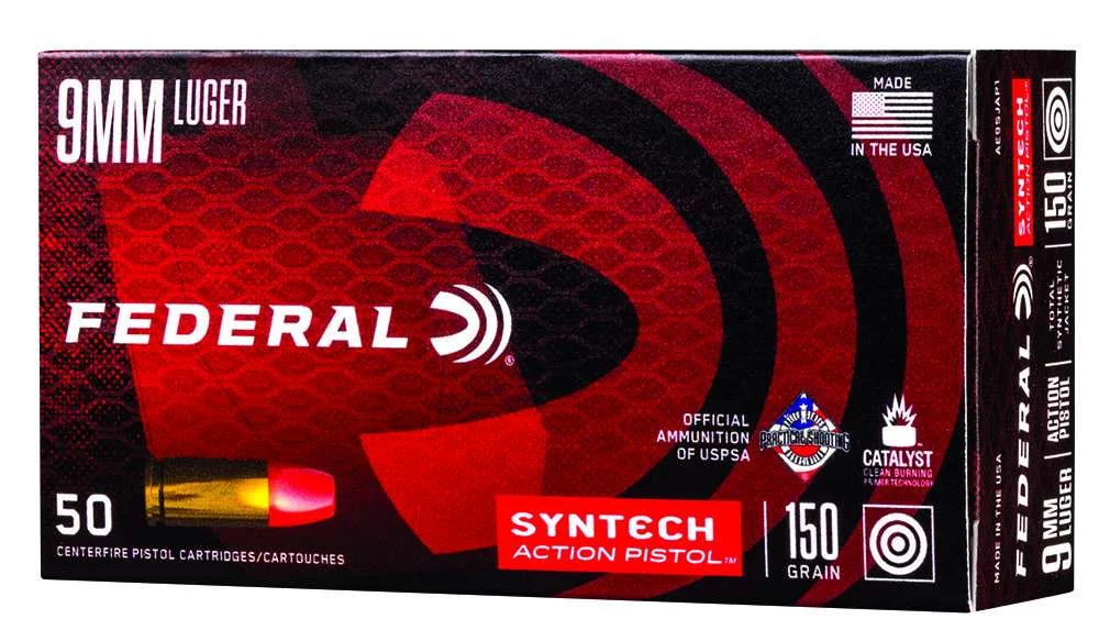 Federal American Eagle Syntech Action Pistol 9mm 150gr ammunition box, 50 rounds