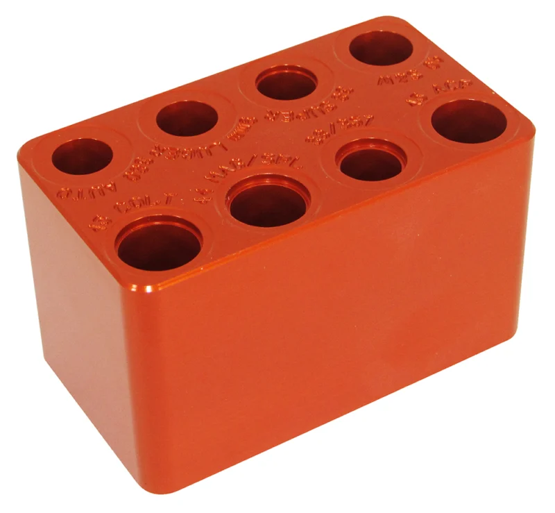 Lyman Handgun Ammo Checker gauge in orange anodized 6061-T6 aluminum with engraved calibers