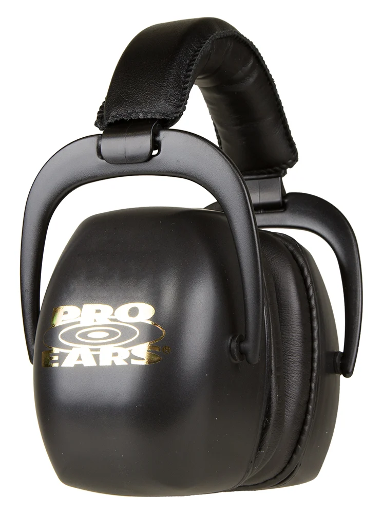 Pro Ears Ultra Pro black over-the-head ear muffs with ProForm leather cushions and hard hat adapter