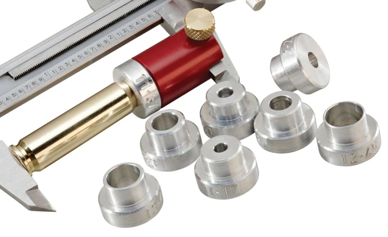 Hornady Lock-N-Load Bullet Comparator complete set with 14 inserts, silver and red finish