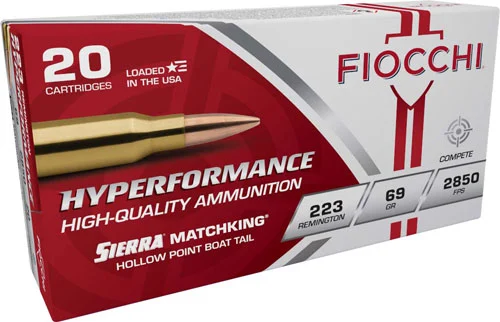 Fiocchi Exacta .223 Rem 69 gr Sierra MatchKing BTHP ammunition box, 20 rounds