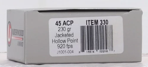 Underwood Ammo 45 ACP 230gr JHP 20-round box label