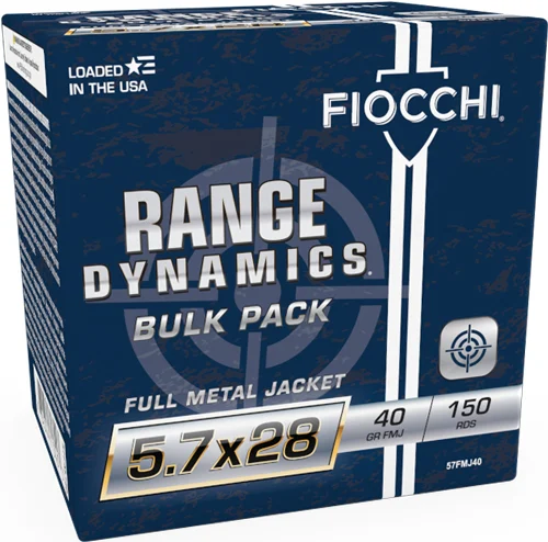 Fiocchi Range Dynamics 5.7x28mm FMJ 150rd box brass-cased ammunition