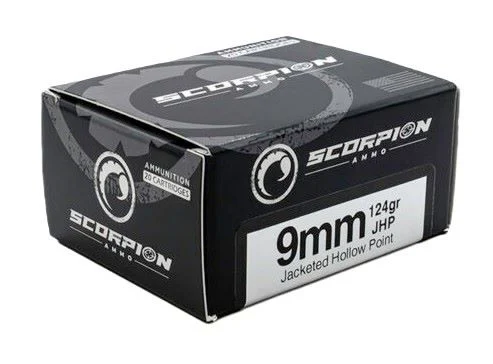 Scorpion Ammo 9mm Luger 124 gr JHP ammunition box, 20 rounds