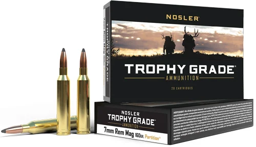 Nosler Trophy Grade 7mm Remington Magnum 160 gr ammunition box, 20 rounds