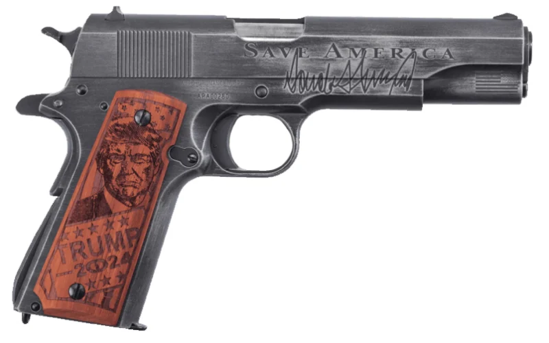 Auto-Ordnance Trump Save America 1911 .45 ACP 5 inch barrel distressed stainless and black Cerakote with engraved wood grips