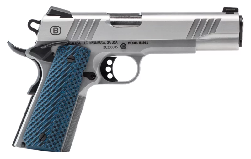 BERSA B1911 .45 ACP 5 inch brushed stainless pistol with Blue VZ grips and night sights