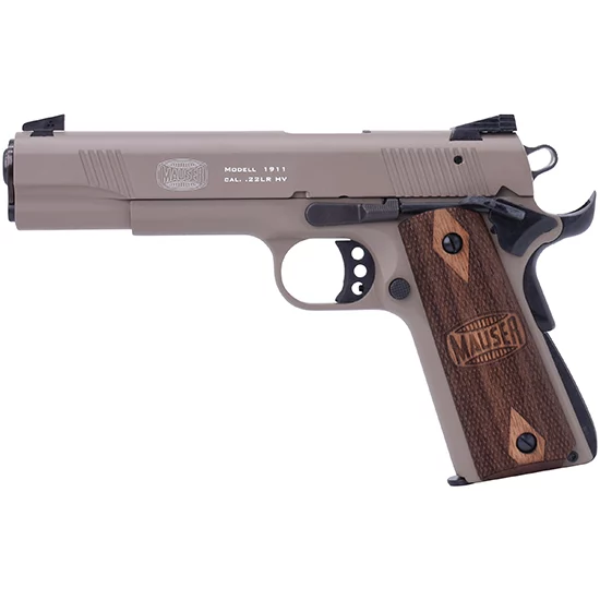 Mauser Rimfire 1911 .22 LR 5in tan slide and frame walnut logo grips