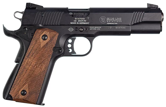 Mauser Rimfire 1911 22 LR 5-inch walnut grips blue finish