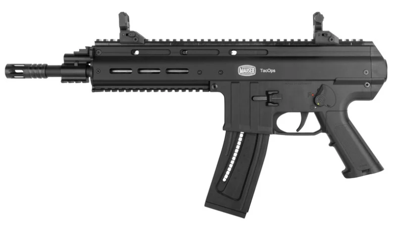 BLG Mauser TacOps .22LR adapter rail with 22-round magazine, black CNC-machined aluminum receiver