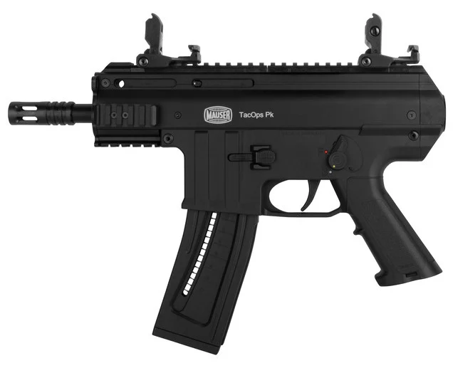 BLG Mauser Tac Ops PK .22LR pistol black 5-inch barrel with 22-round magazine and 110-round drum