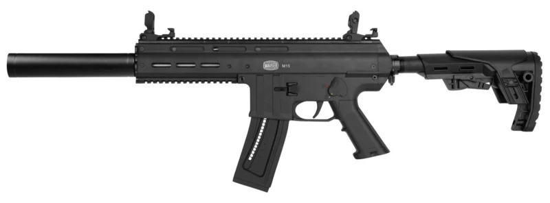BLG Mauser M-15 SD Gen2 .22LR HV rifle with barrel shroud and folding adjustable stock
