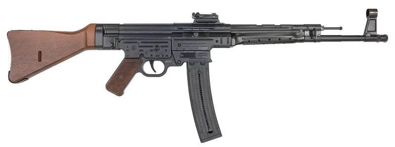 Mauser Rimfire STG-44 22 LR rifle with 16.5-inch barrel and natural wood fixed stock, black receiver