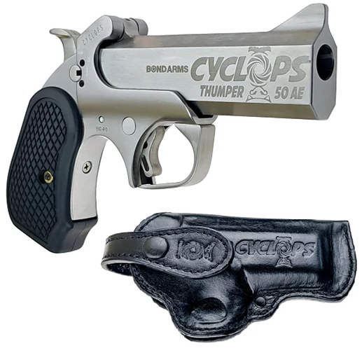 Bond Arms Cyclops .50 AE single-shot 4.25in satin stainless with B6 grips and leather holster