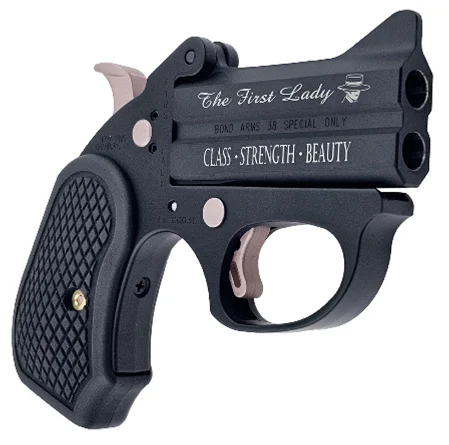 Bond Arms First Lady .38 Special 3-inch derringer in black Cerakote with rose gold highlights and extended B6 synthetic grip