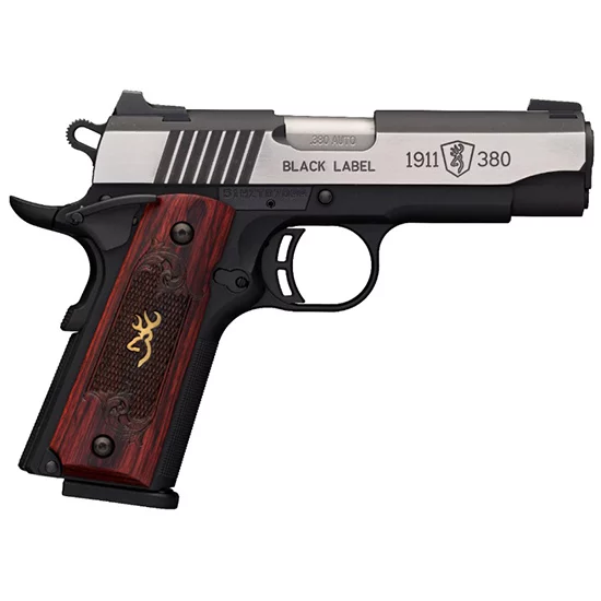 Browning 1911-380 Black Label Medallion Pro Compact pistol with bi-tone finish and rosewood grips