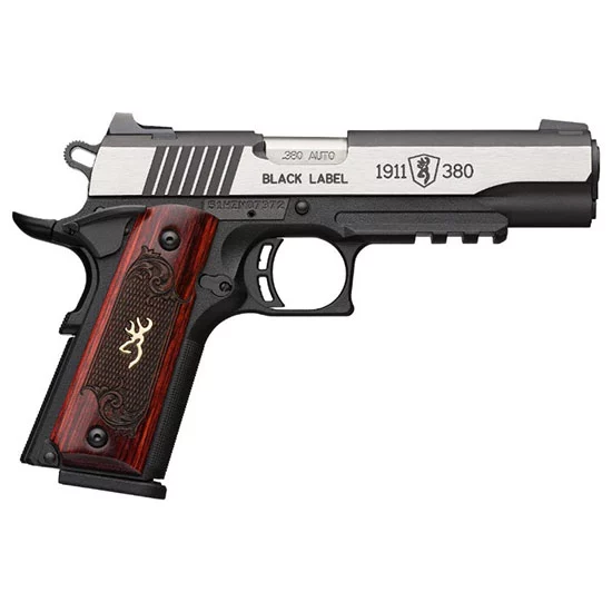 Browning 1911-380 Medallion Pro Compact .380 ACP pistol blackened slide silver polished flats wood grips