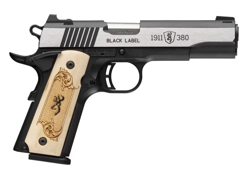 Browning 1911-380 Black Label Medallion pistol with maple medallion grips and bi-tone stainless slide