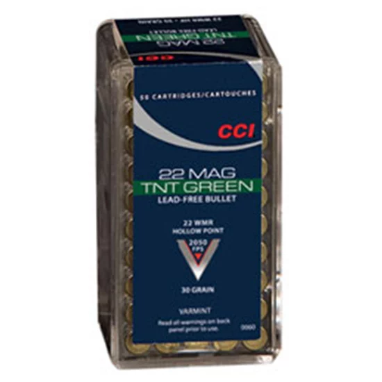 Box of CCI TNT Green .22 WMR 30 gr hollow point ammunition, 50 rounds
