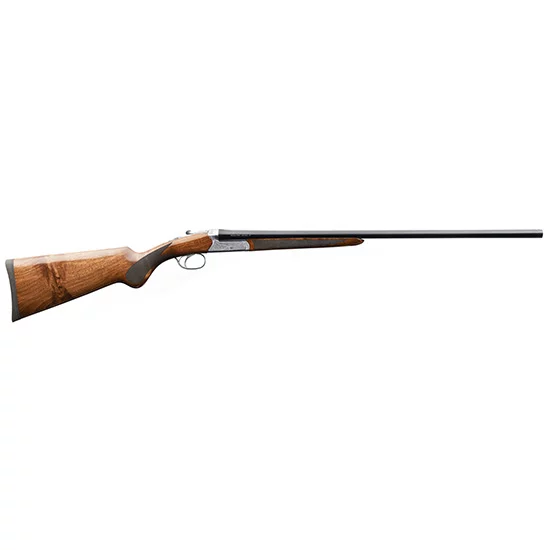Charles Daly 500 12GA Field Grade side-by-side shotgun, 28-inch chrome-lined barrels, engraved silver receiver, walnut stock