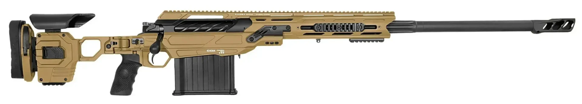 Cadex CDX-50 Tremor .50 BMG 29 inch precision rifle with tan folding stock and black receiver