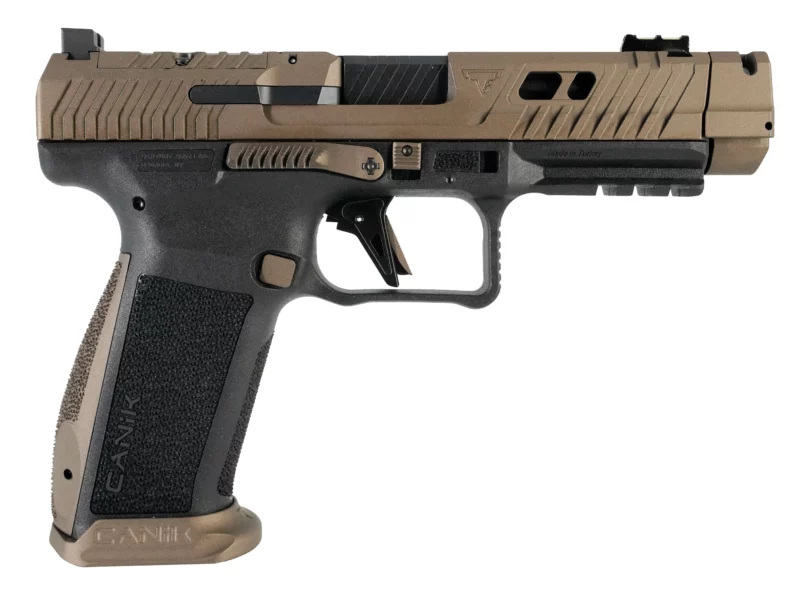 Canik TTI Combat 9mm pistol, TTI Bronze slide, 4.6 in fluted barrel, two 18-round magazines