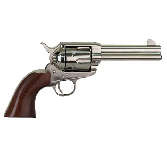Cimarron Pistolero nickel revolver with 4.75 inch barrel and walnut grips