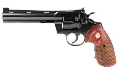 Colt Python 6-inch blued revolver .357 Magnum with snake-scale walnut grips