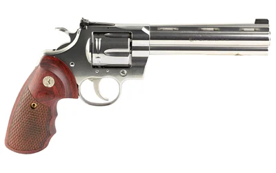 Colt Python .357 Magnum 6-inch stainless revolver with snake scale walnut grips, left-side view