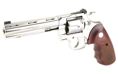 Colt Python .357 Magnum 6-inch stainless revolver with snake scale walnut grips, left-side view