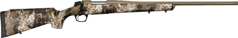 CVA Cascade .223 Rem bolt-action rifle with Veil Wideland camo synthetic stock and FDE Cerakote finish