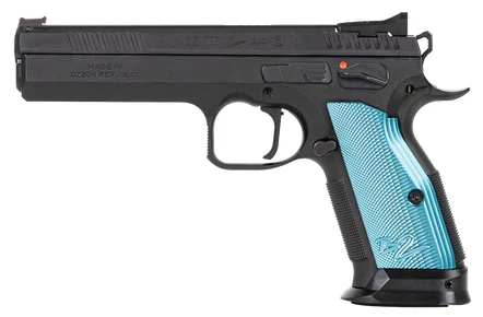 CZ TS 2 9mm pistol black frame with blue aluminum grips and fiber optic front sight