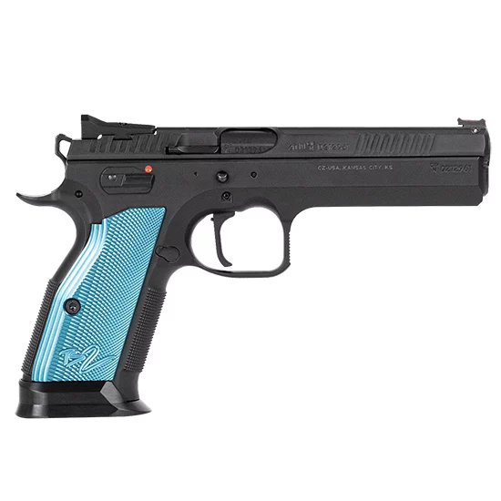 CZ TS 2 9mm competition pistol with black frame and blue aluminum grips